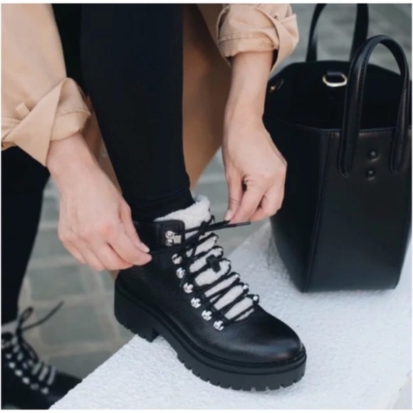 Marc Fisher LTD Nairy Hiking Combat Black Leather Shearling Thick Lug Boots Sz 8 - Picture 2 of 11